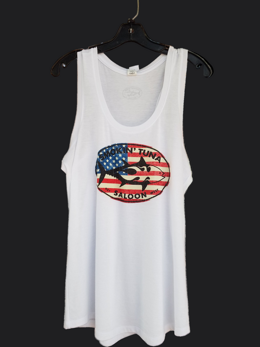 White tank top with American flag graphic on a hanger against a white background